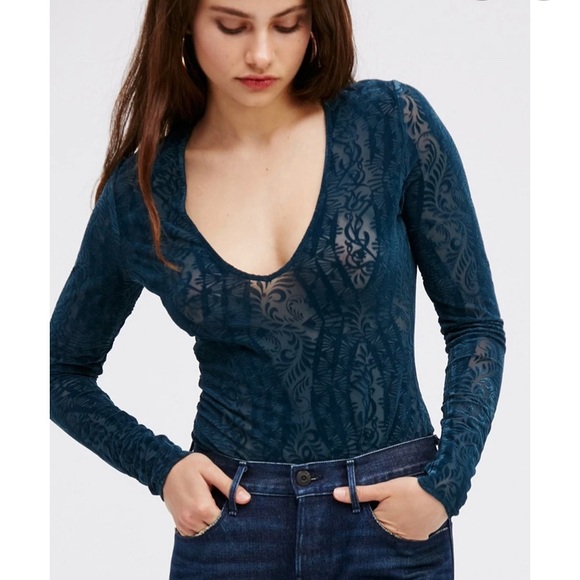 Free People Tops - Free People OntheDanceFloor Blue Velvet Bodysuit L